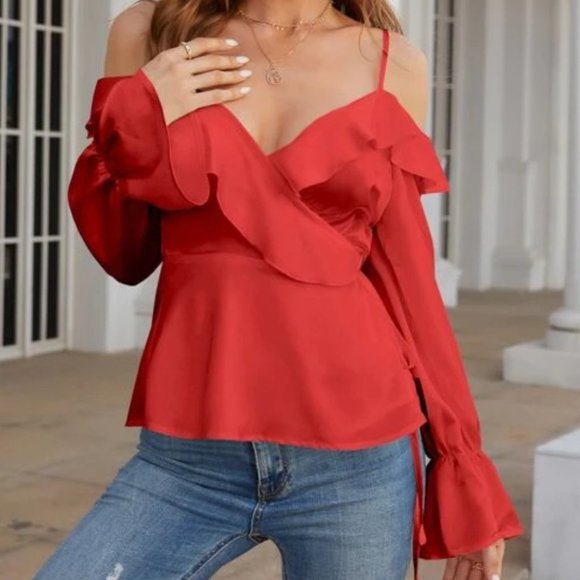 Classy contemporary red cold shoulder Blouse top - Picture 3 of 5